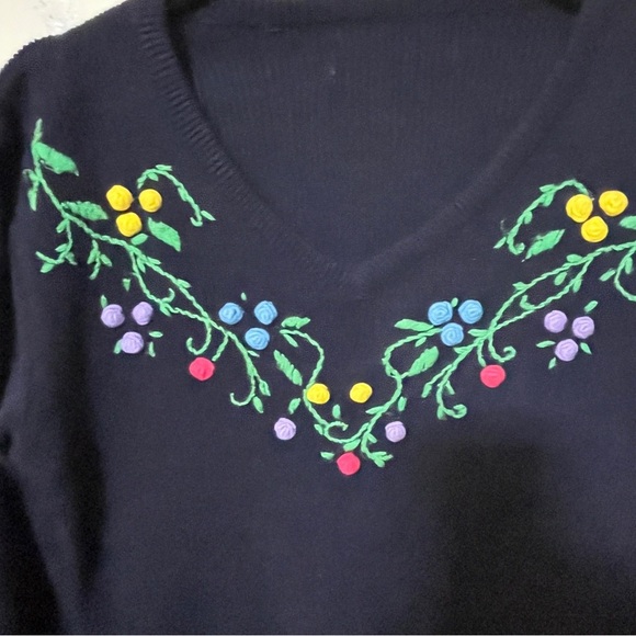 VINTAGE 70S V-NECK SWEATER NAVY BLUE 3D POMPOM FLORAL FLOWERS MULTI-COLOR XS/S - Picture 9 of 14